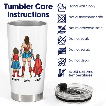 Custom superhero mom tumbler with personalized superhero family design and care instructions