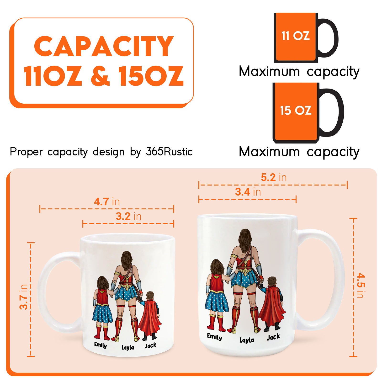 Custom superhero mom tumbler available in 11oz and 15oz sizes with personalized family design