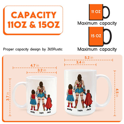 Custom superhero mom tumbler available in 11oz and 15oz sizes with personalized family design