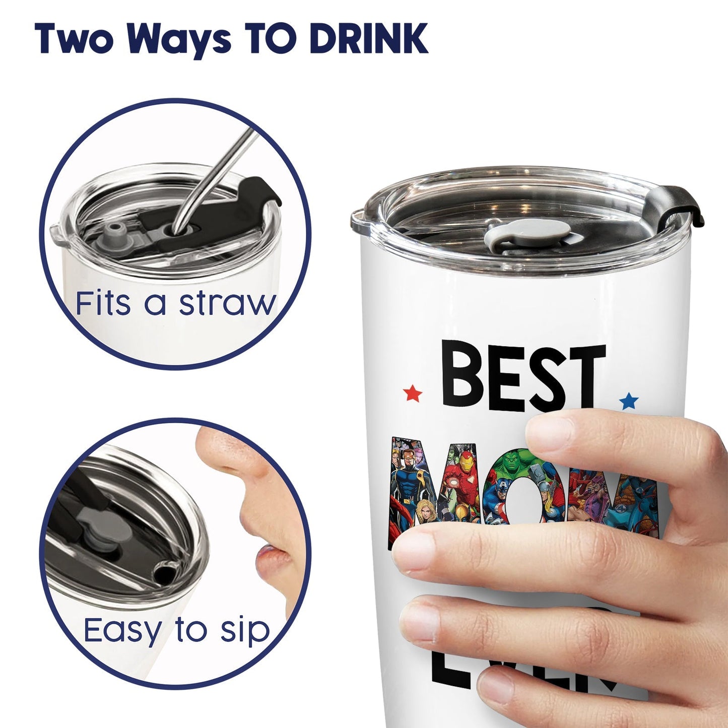 Custom superhero mom tumbler showing two ways to drink with straw or sip lid feature