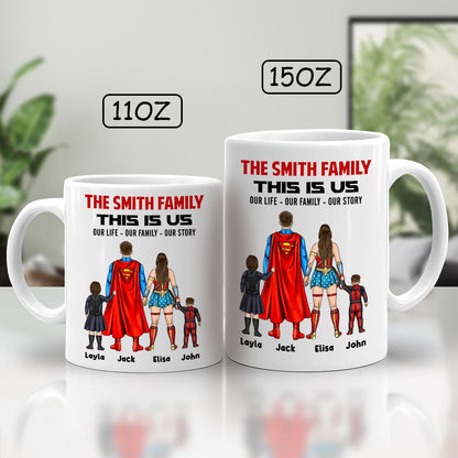 Custom this is us coffee mug with superhero family design personalized with names Layla Jack Elisa John