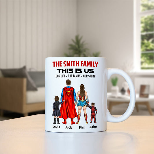 Custom this is us coffee mug with superhero family design and personalized names on white ceramic