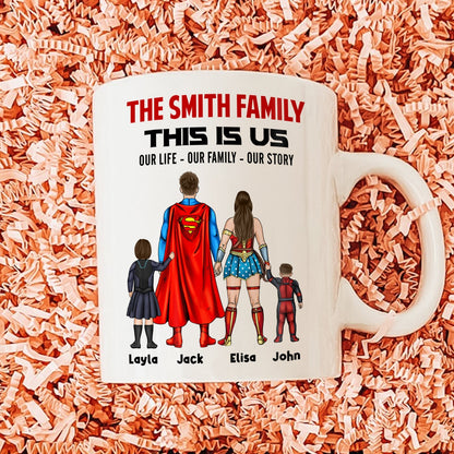 Custom this is us coffee mug with superhero family design and personalized names on white ceramic mug