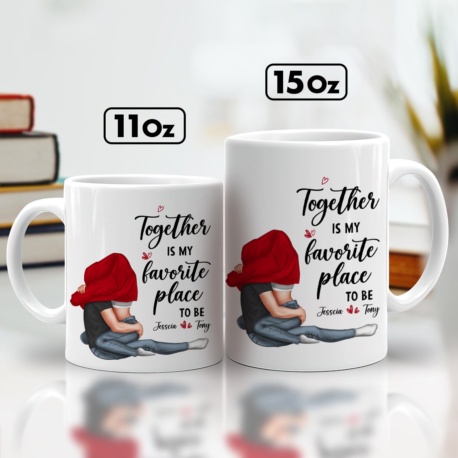 Custom together mug for couples featuring cute illustration and heartfelt message