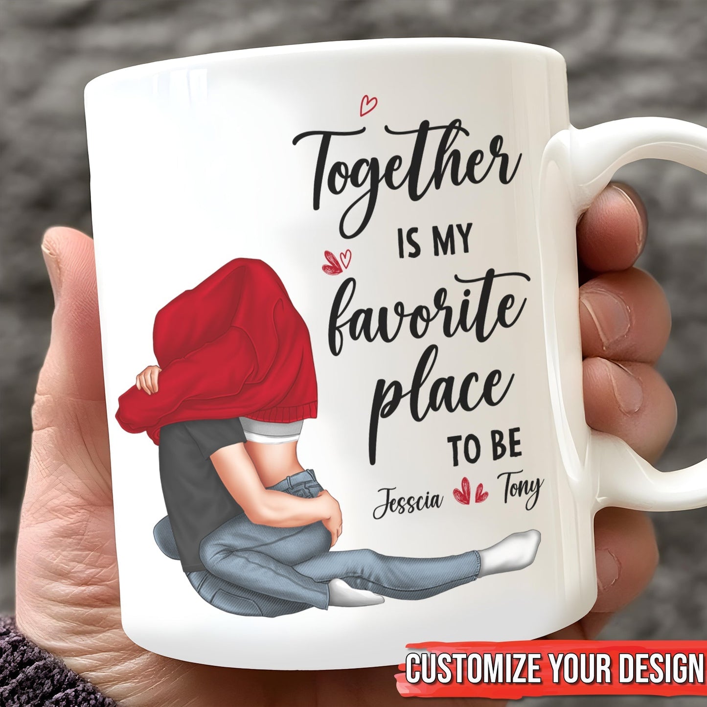 Custom together mug for couples featuring a loving couple illustration and personalized names