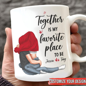 Custom together mug for couples featuring a loving couple illustration and personalized names
