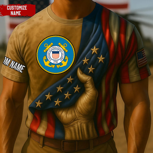 Custom United States Coast Guard t-shirt with flag design and name customization on sleeve by 365Gifty