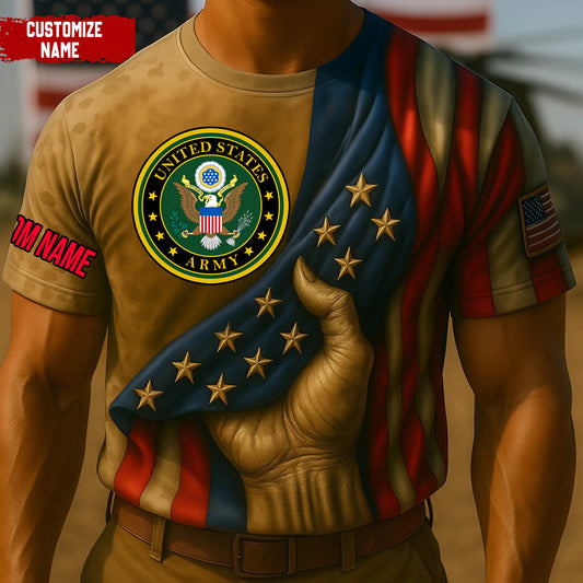 Custom U.S. Army t-shirt with United States Army emblem and American flag design, customizable name