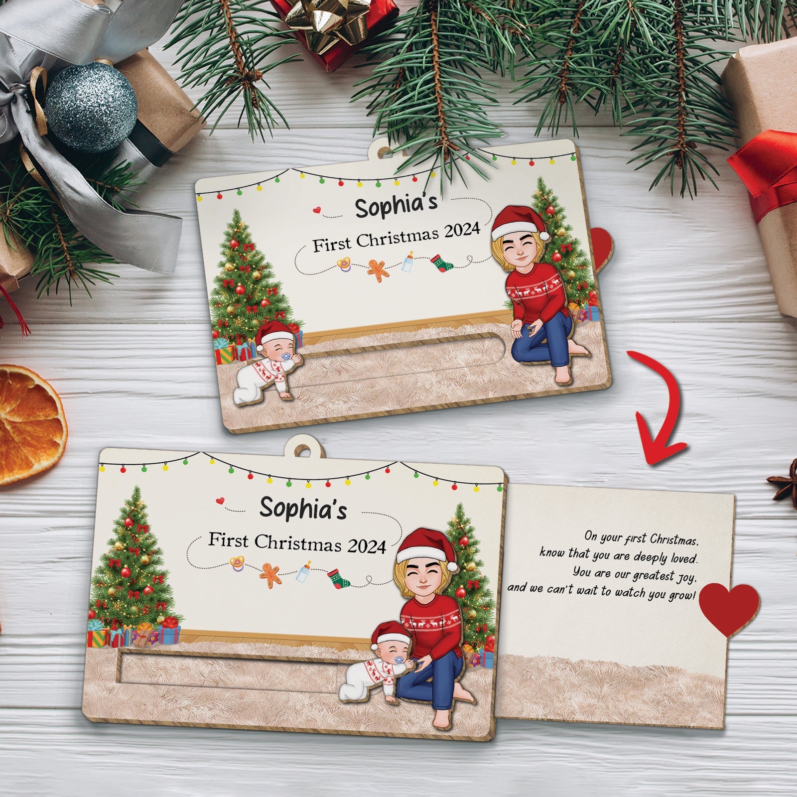 Personalized custom wooden Christmas slider card with festive trees and family illustration for first Christmas 2024