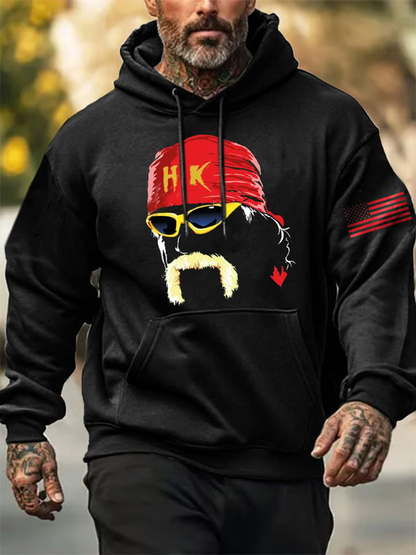 Black hoodie with custom wrestling fan apparel featuring a bearded man in red bandana and sunglasses design