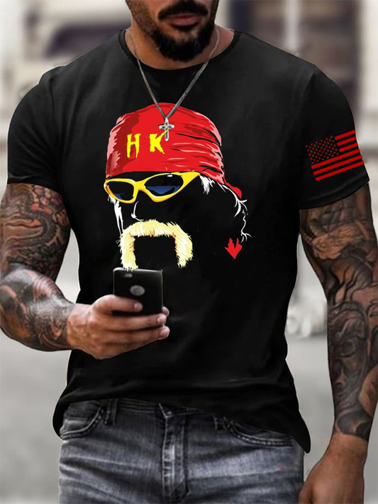 Black t-shirt featuring custom wrestling fan apparel with red bandana and yellow sunglasses graphic