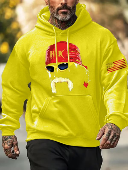 Yellow hoodie featuring custom wrestling fan apparel design with HK bandana and American flag patch