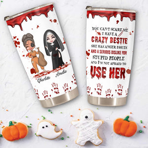 personalized halloween tumbler showing two blood drip tumblers with cartoon besties named Charlotte and Amelia and scary quote
