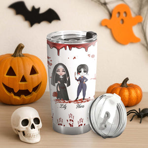 personalized halloween tumbler with two cartoon characters Lily and Nora blood drip handprints clear lid