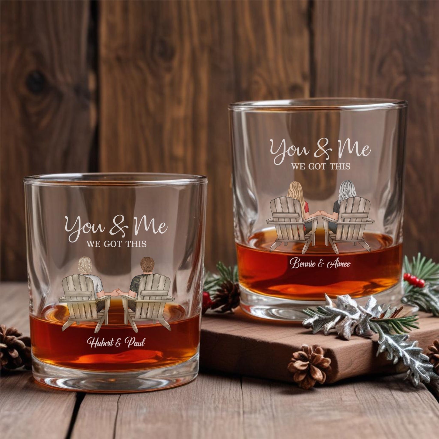 365Gifty personalized couple whiskey glass set with You and Me engraving showing two chairs holding hands and custom names