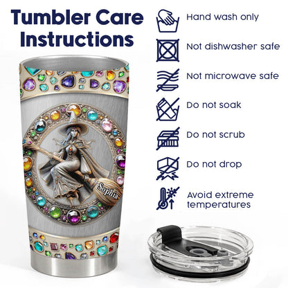 Personalized witch tumbler with colorful gem design and witch illustration with care instructions