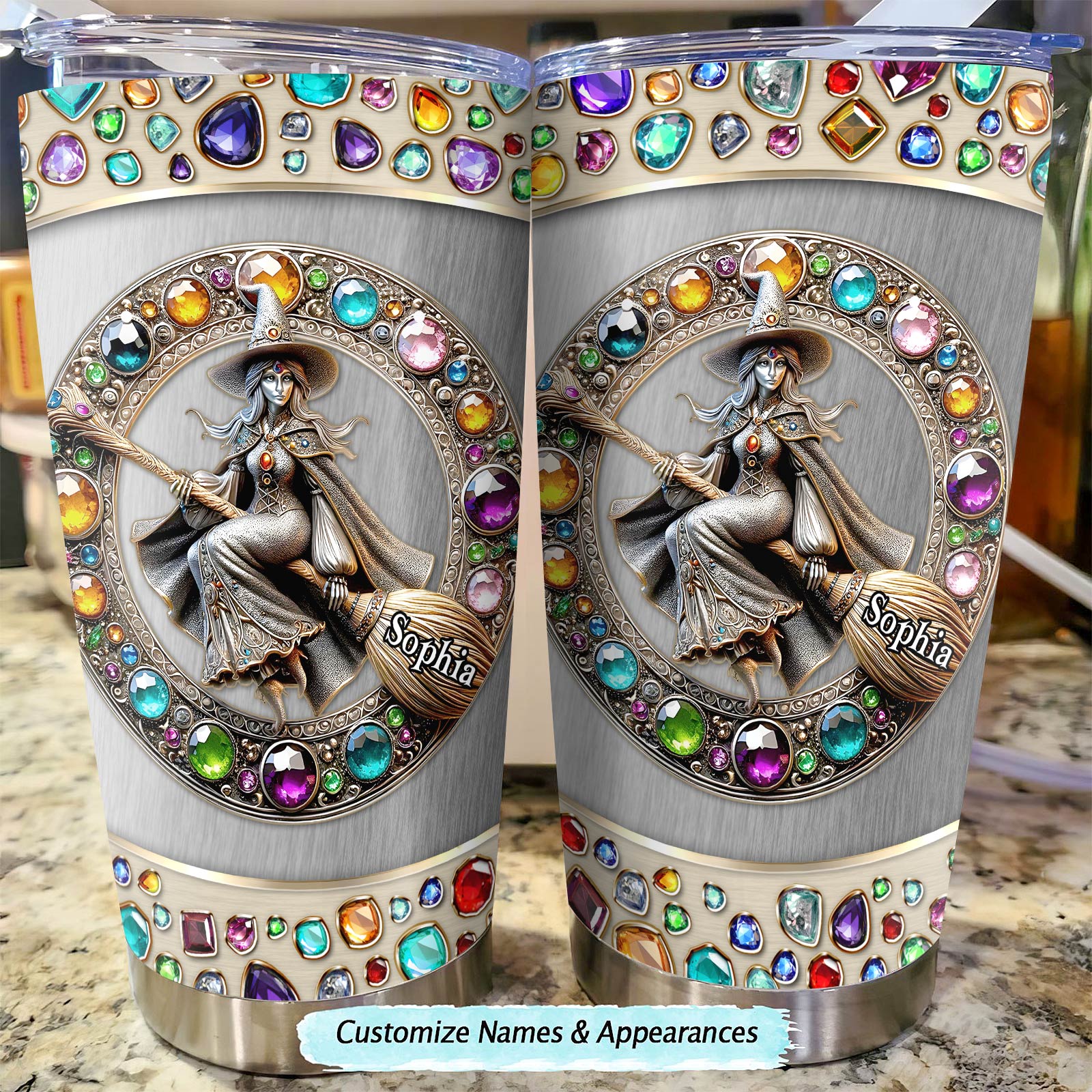 Personalized witch tumbler with name Sophia and colorful gem design by 365Gifty