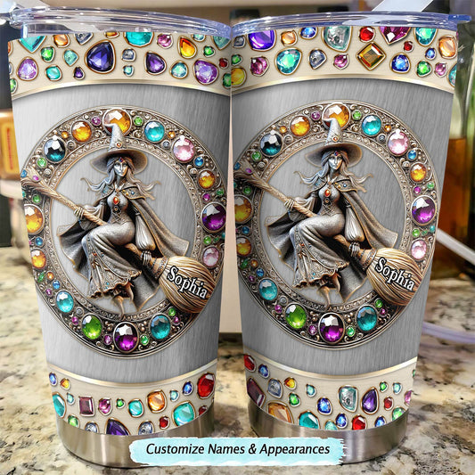 Personalized witch tumbler with name Sophia and colorful gem design by 365Gifty