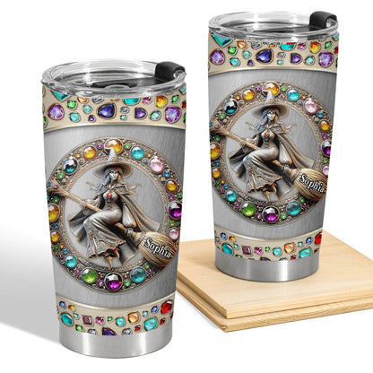 Personalized witch tumbler with colorful gem accents and custom name Sophia on broomstick design