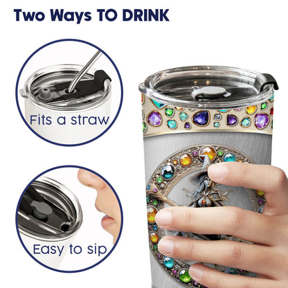 365Gifty personalized witch tumbler with jeweled design showing two ways to drink with straw or sip lid