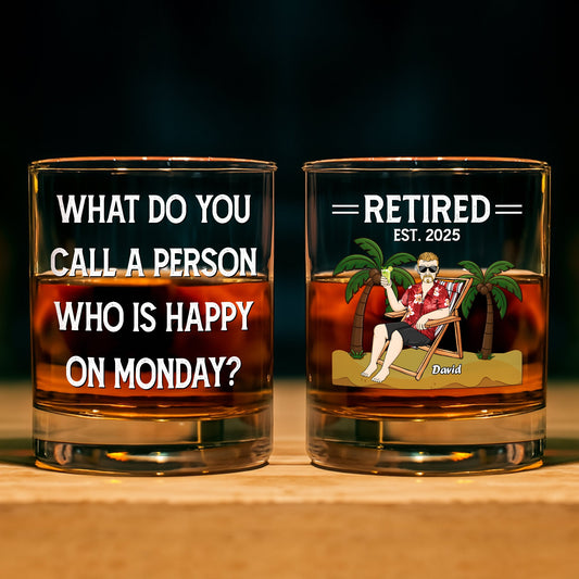 Personalized Whiskey Glass set showing a funny Monday quote and retired man in beach chair with palm trees
