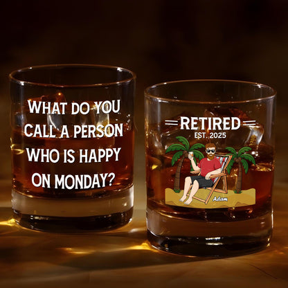 Personalized Whiskey Glass set of two whiskey rocks glasses one with retired palm tree design and one with funny Monday quote