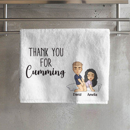 Personalized Beach Towel white towel with cheeky cartoon couple and text Thank you for Cumming with names David and Amelia
