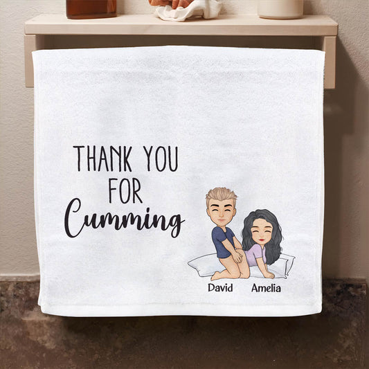 Personalized Beach Towel white towel printed with cartoon couple and text Thank You For Cumming with names David Amelia