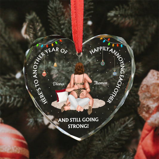 Heart-shaped personalized couple ornament with a romantic cartoon couple and customizable names Diana and Thomas
