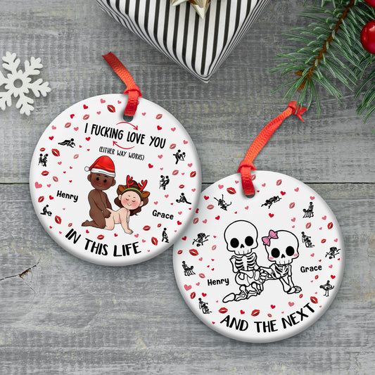 365Gifty personalized couple ornament showing two round ceramic ornaments with red ribbons and cartoon couple and skeleton designs