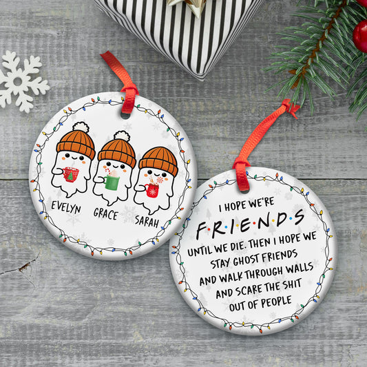 personalized funny ghost Christmas ornament with three ghosts in orange hats names Evelyn Grace Sarah and witty Friends quote