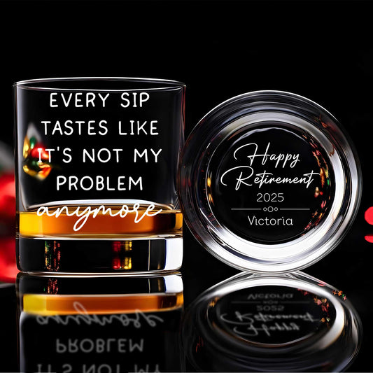 365Gifty personalized retirement whiskey glass engraved Happy Retirement 2025 and cheeky Every sip tastes like its not my problem
