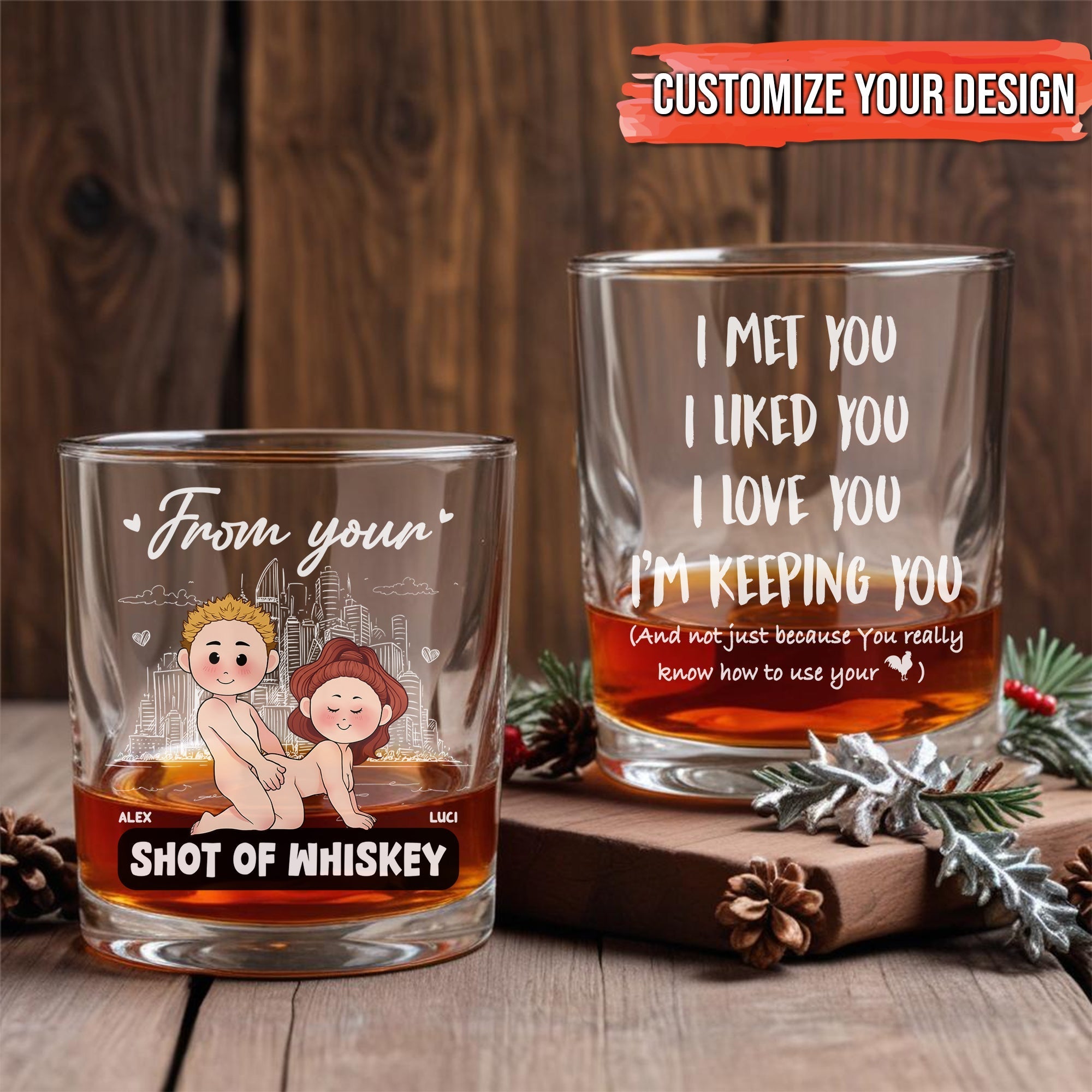 365Gifty Personalized Whiskey Glass set with two engraved rocks glasses, cartoon couple artwork and romantic text