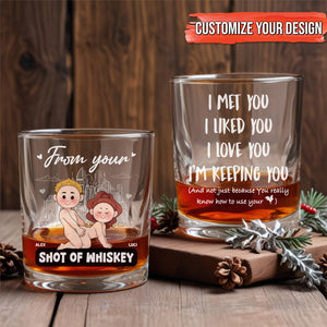 365Gifty Personalized Whiskey Glass set with two engraved rocks glasses, cartoon couple artwork and romantic text