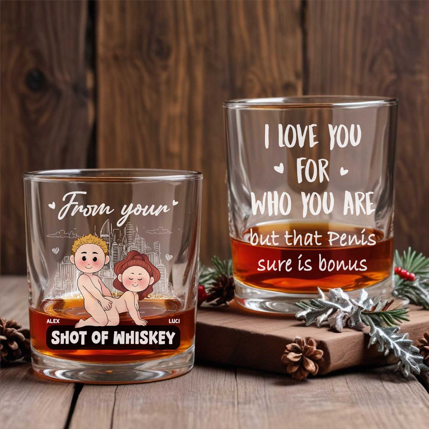 Personalized Whiskey Glass set of two engraved rocks glasses with funny love message and custom name labels