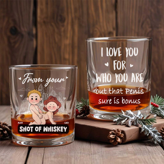 Personalized Whiskey Glass set of two engraved rocks glasses with funny love message and custom name labels