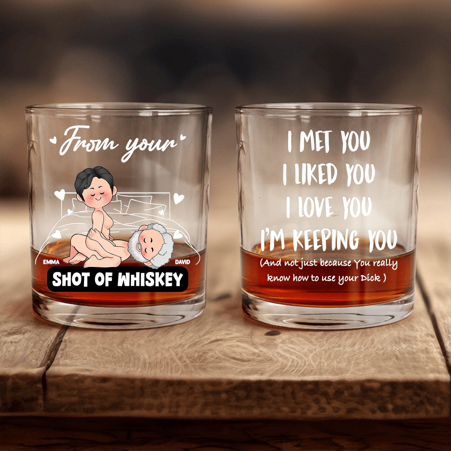 Personalized Whiskey Glass set of two rocks glasses with cartoon couple and custom names and humorous romantic quote