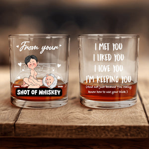 Personalized Whiskey Glass set of two rocks glasses with cartoon couple and custom names and humorous romantic quote