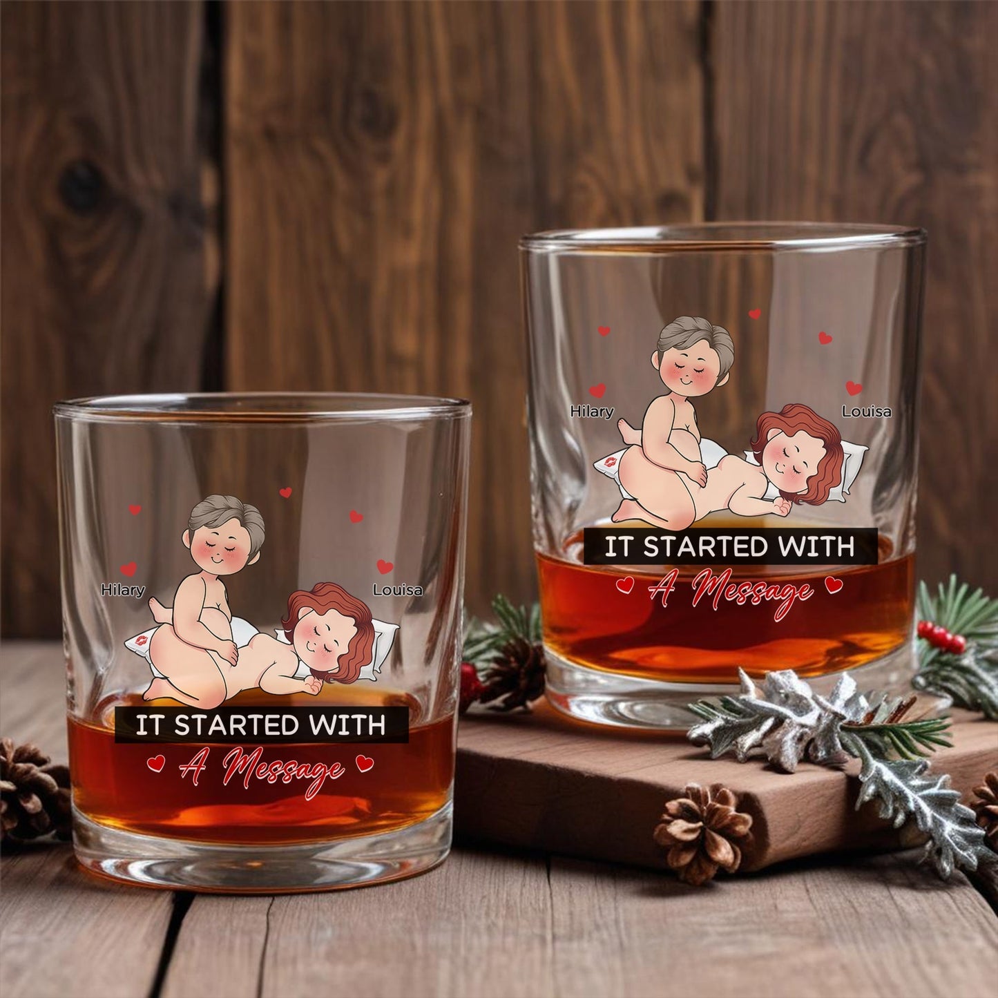 Personalized Whiskey Glass set with two rocks glasses featuring playful romantic cartoon couple and names