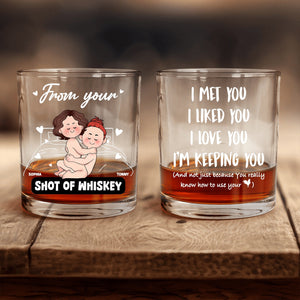 Pair of Personalized Whiskey Glass featuring cartoon hugging couple on one and romantic quote with custom names