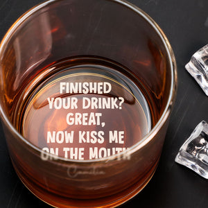365Gifty personalized whiskey glass for couples with cheeky printed message at base and amber whiskey