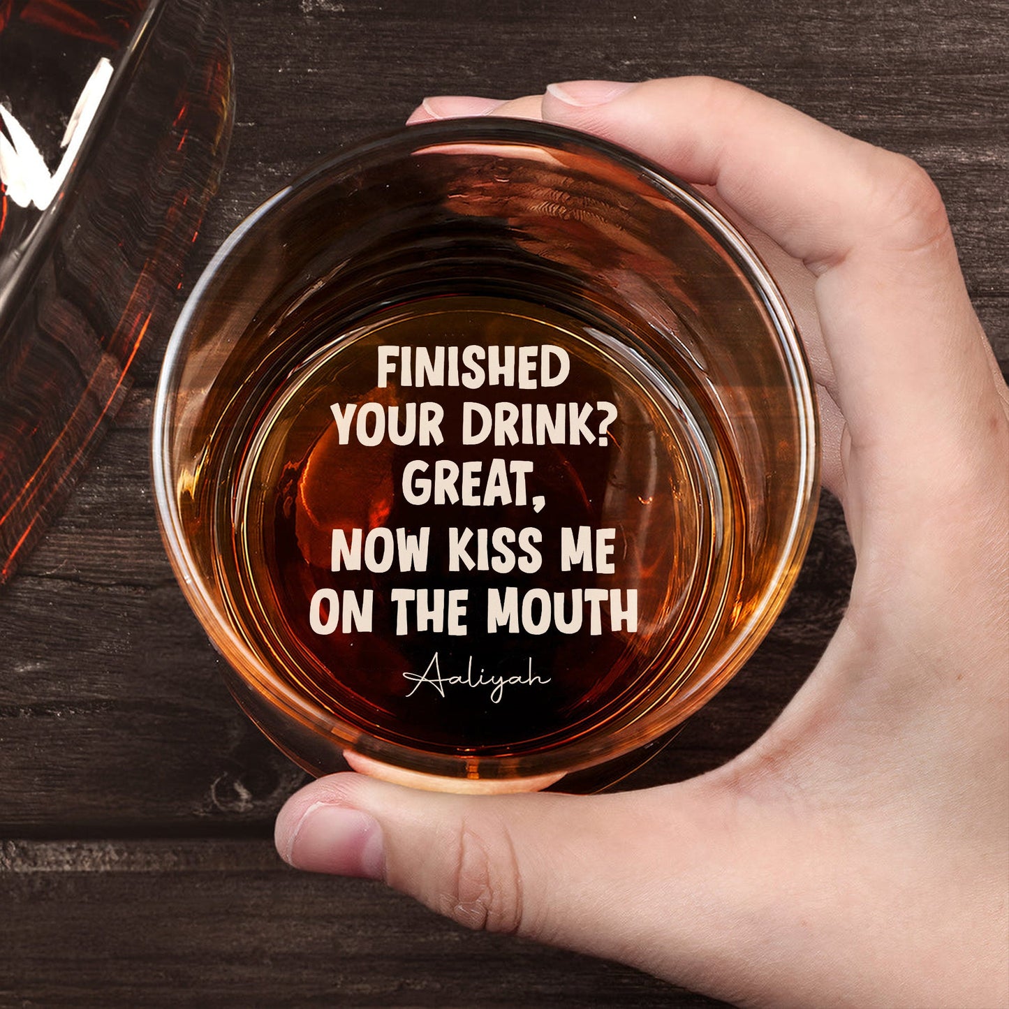 365Gifty personalized whiskey glass for couples top view with engraved message finished your drink now kiss me on the mouth
