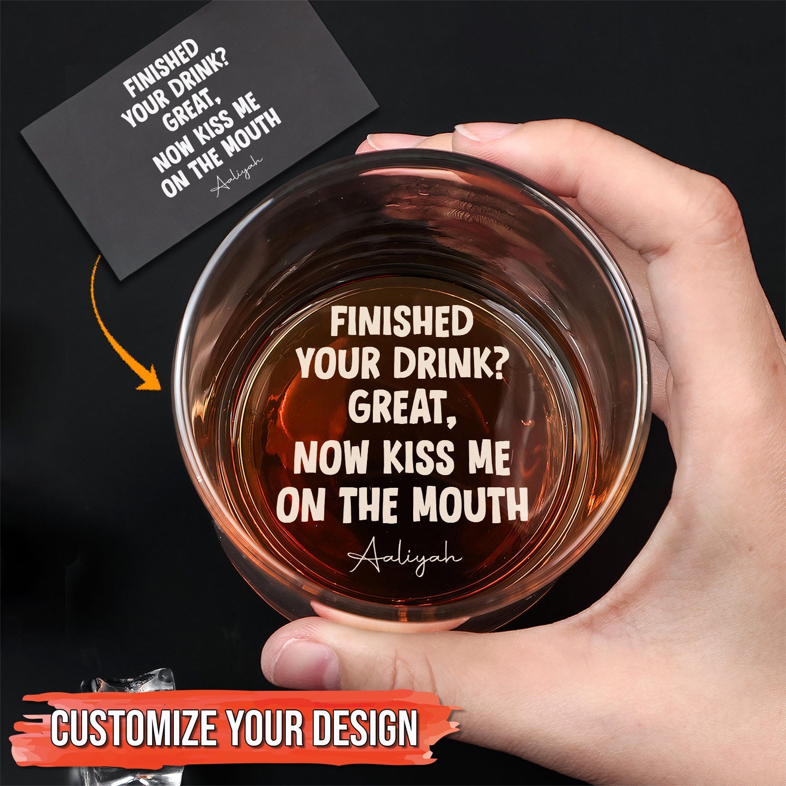 365Gifty personalized whiskey glass for couples with cheeky etched message Finished your drink Great now kiss me on the mouth