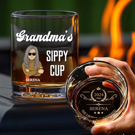 Personalized Whiskey Glass featuring Grandmas Sippy Cup cartoon design with Serena name and engraved 2024 bottom view