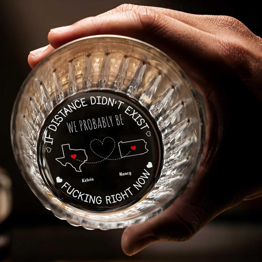 Personalized Whiskey Glass engraved bottom with maps of Texas and Pennsylvania connected by hearts and names Kelvin and Nancy