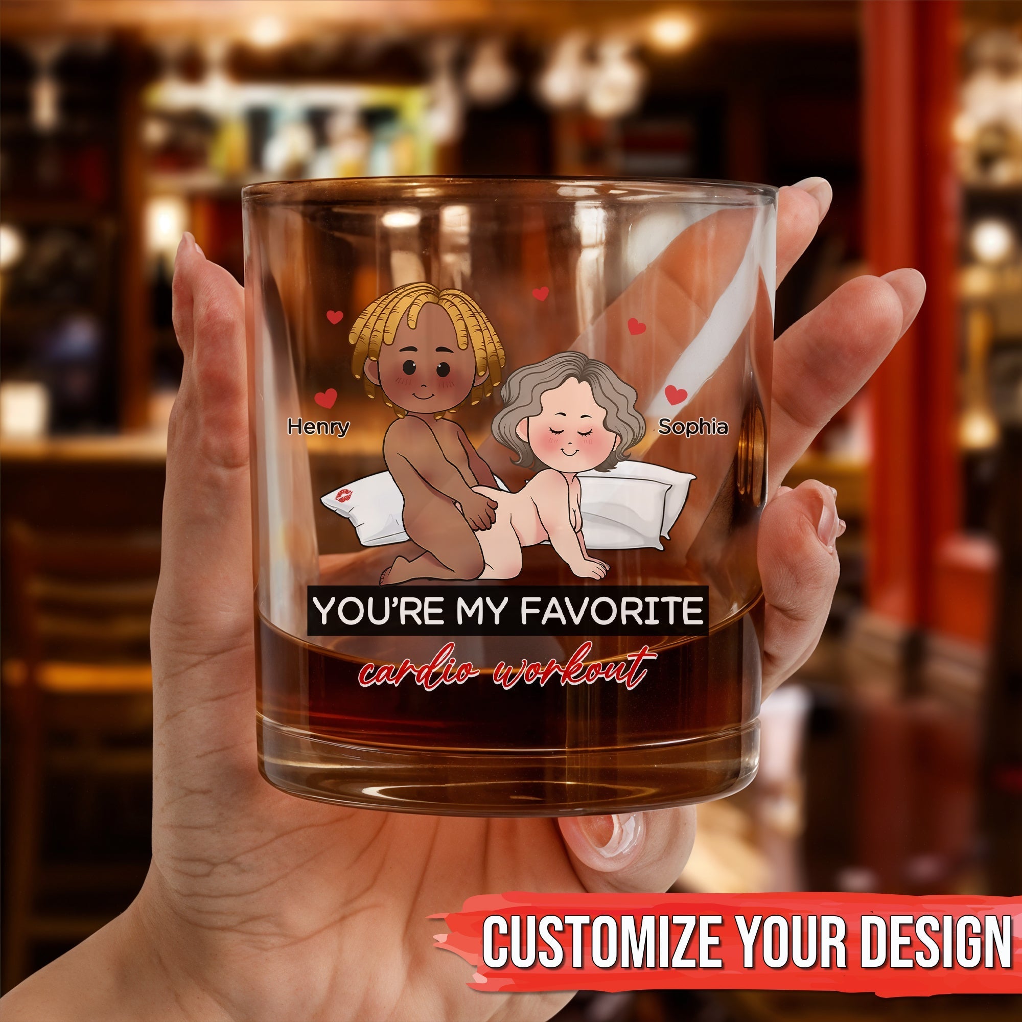 Personalized Whiskey Glass with cartoon couple named Henry and Sophia and Youre My Favorite cardio workout text