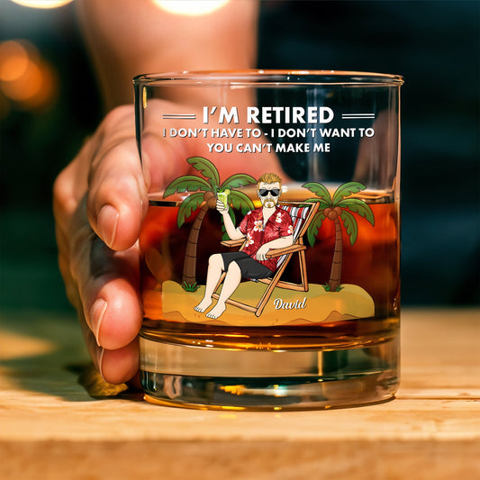 Personalized Whiskey Glass showing retired man in Hawaiian shirt on beach chair with palm trees and custom name David