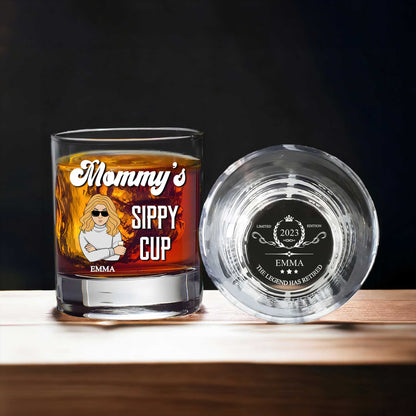 Personalized Whiskey Glass set with Mommys Sippy Cup cartoon design and engraved name Emma