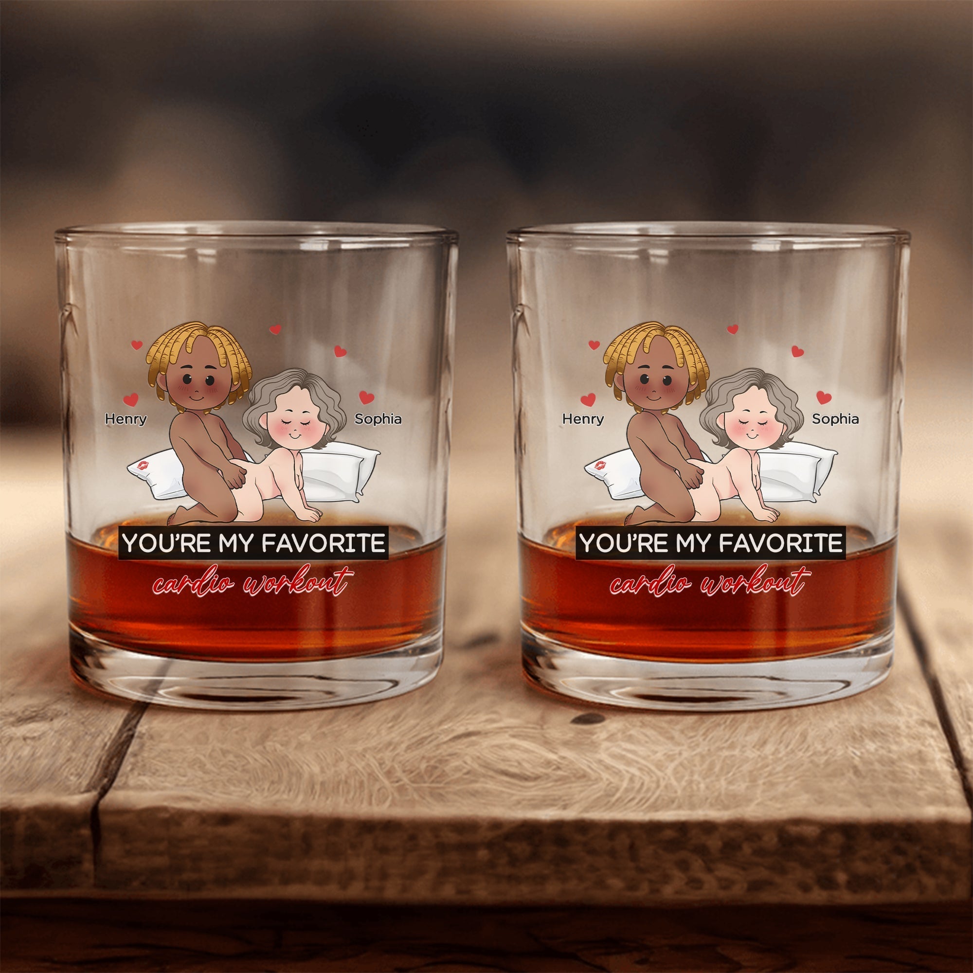 Personalized Whiskey Glass set by 365Gifty with two tumblers featuring cute cartoon couple and names Henry Sophia