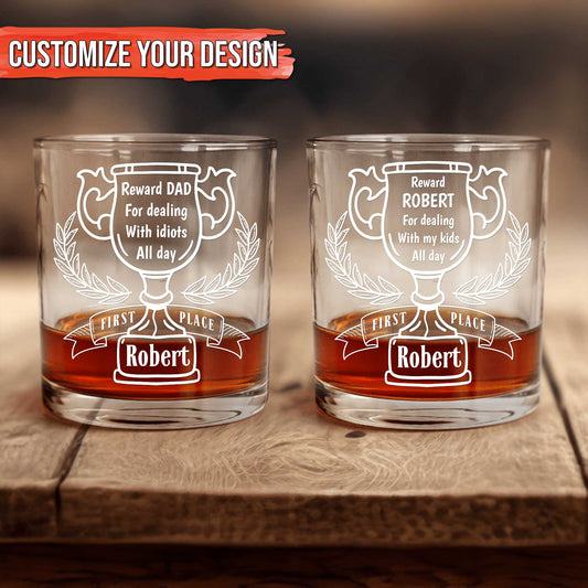 Pair of personalized whiskey glasses with trophy engraving and name plate reward dad gift idea custom glass for fathers